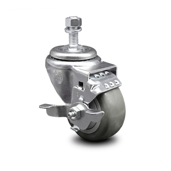 3 Inch Gray Polyurethane Wheel Swivel 1/2 Inch Threaded Stem Caster with Brake